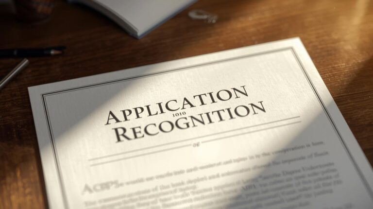 Dokument urzędowy z nagłówkiem Application Recognition leżący na drewnianym biurku w świetle słonecznym.